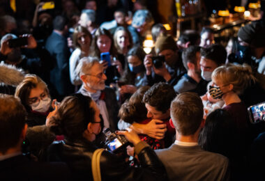 Minneapolis Mayor Jacob Frey meets with supporters at his re-election party near downtown Minneapolis.