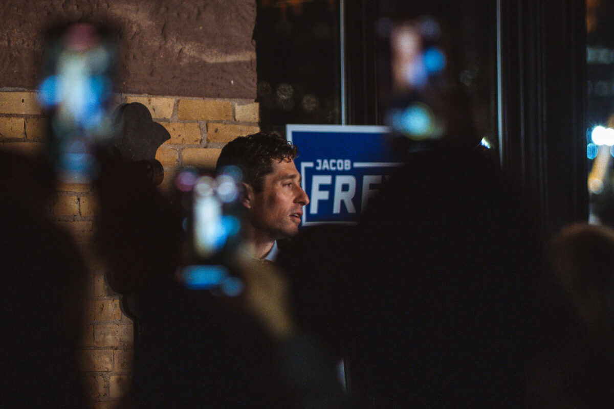 Minneapolis Mayor Jacob Frey speaks to supporters at his election night party after winning re-election.