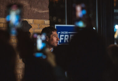 Minneapolis Mayor Jacob Frey speaks to supporters at his election night party after winning re-election.