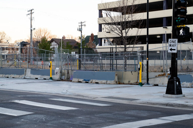 Security fencing around Seven Points Mall in November 2021 4 Security fences around the Lake & Girard parking garage where Winston Smith was killed by law enforcement in June.