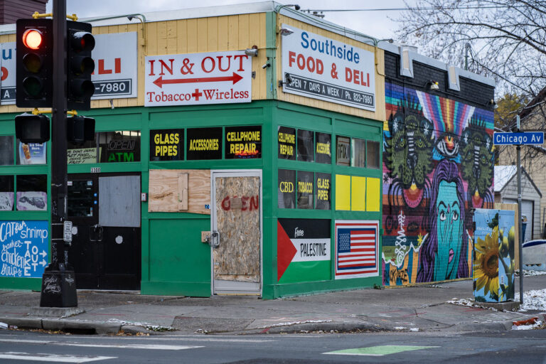 Southside Food & Deli In and Out Tobacco and Wireless 1 Southside Food & Deli on Chicago Avenue in South Minneapolis with boards and a Free Palestine flag.