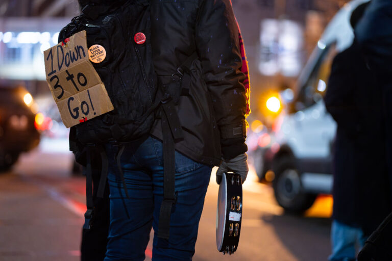 1 down 3 to go Kim Potter trial sign 3 Protesters march through downtown Minneapolis as the first day of the Kim Potter manslaughter trial ends. Potter is on trial for the April 11, 2021 shooting death of 20-year old Daunte Wright in Brooklyn Center, Minn.