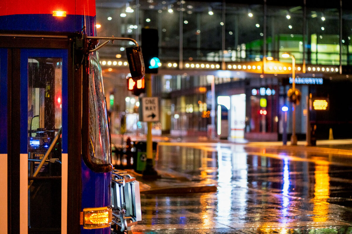 A Metro Transit bus crossing Marquette Ave in downtown Minneapolis.