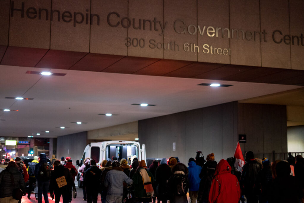 Protesters march through downtown Minneapolis as the first day of the Kim Potter manslaughter trial ends. Potter is on trial for the April 11, 2021 shooting death of 20-year old Daunte Wright in Brooklyn Center, Minn.