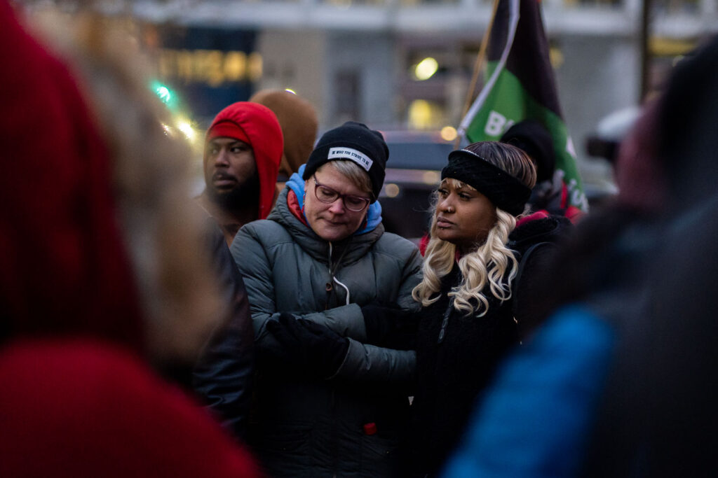 Protesters march through downtown Minneapolis as the first day of the Kim Potter manslaughter trial ends. Potter is on trial for the April 11, 2021 shooting death of 20-year old Daunte Wright in Brooklyn Center, Minn.