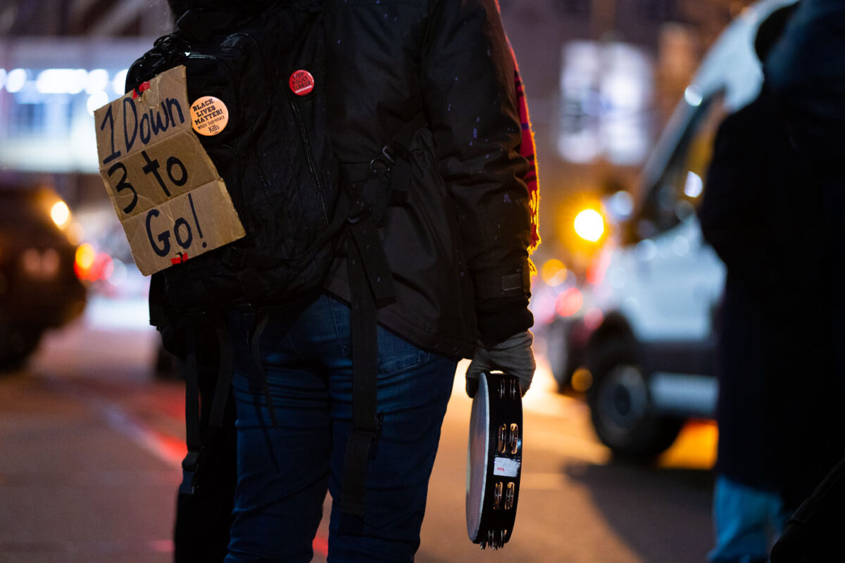 Protesters march through downtown Minneapolis as the first day of the Kim Potter manslaughter trial ends. Potter is on trial for the April 11, 2021 shooting death of 20-year old Daunte Wright in Brooklyn Center, Minn.