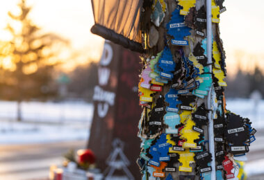 Air freshners hanging at the Daunte Wright Memorial in Brooklyn Center. They signify the item that it's been said he was pulled over for.