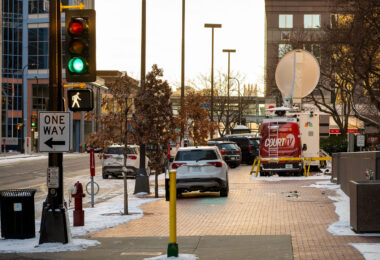 CourtTV vans outside the Hennepin County Government Center where Kim Potter is on trial for her involvement in the killing of Daunte Wright.