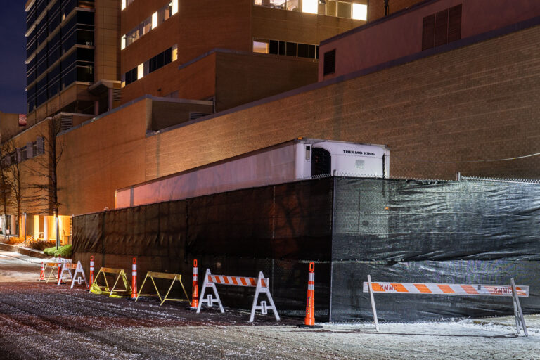 COVID Mobile Morgue in Minneapolis 1 A mobile morgue setup at North Memorial Hospital just outside of Minneapolis. As the omicron COVID variant begins to spread, the state shows only 1 available adult ICU bed in the Twin Cities metro with health care workers saying they are overwhelmed.