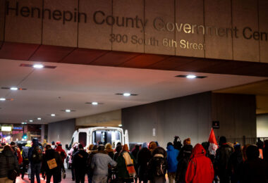 Protesters march through downtown Minneapolis as the first day of the Kim Potter manslaughter trial ends. Potter is on trial for the April 11, 2021 shooting death of 20-year old Daunte Wright in Brooklyn Center, Minn.