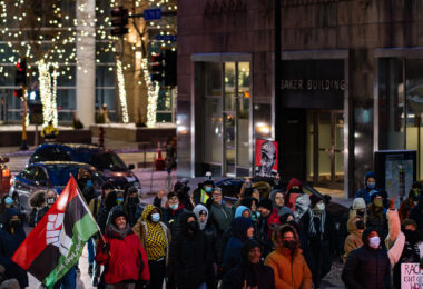Protesters march through downtown Minneapolis as the first day of the Kim Potter manslaughter trial ends. Potter is on trial for the April 11, 2021 shooting death of 20-year old Daunte Wright in Brooklyn Center, Minn.