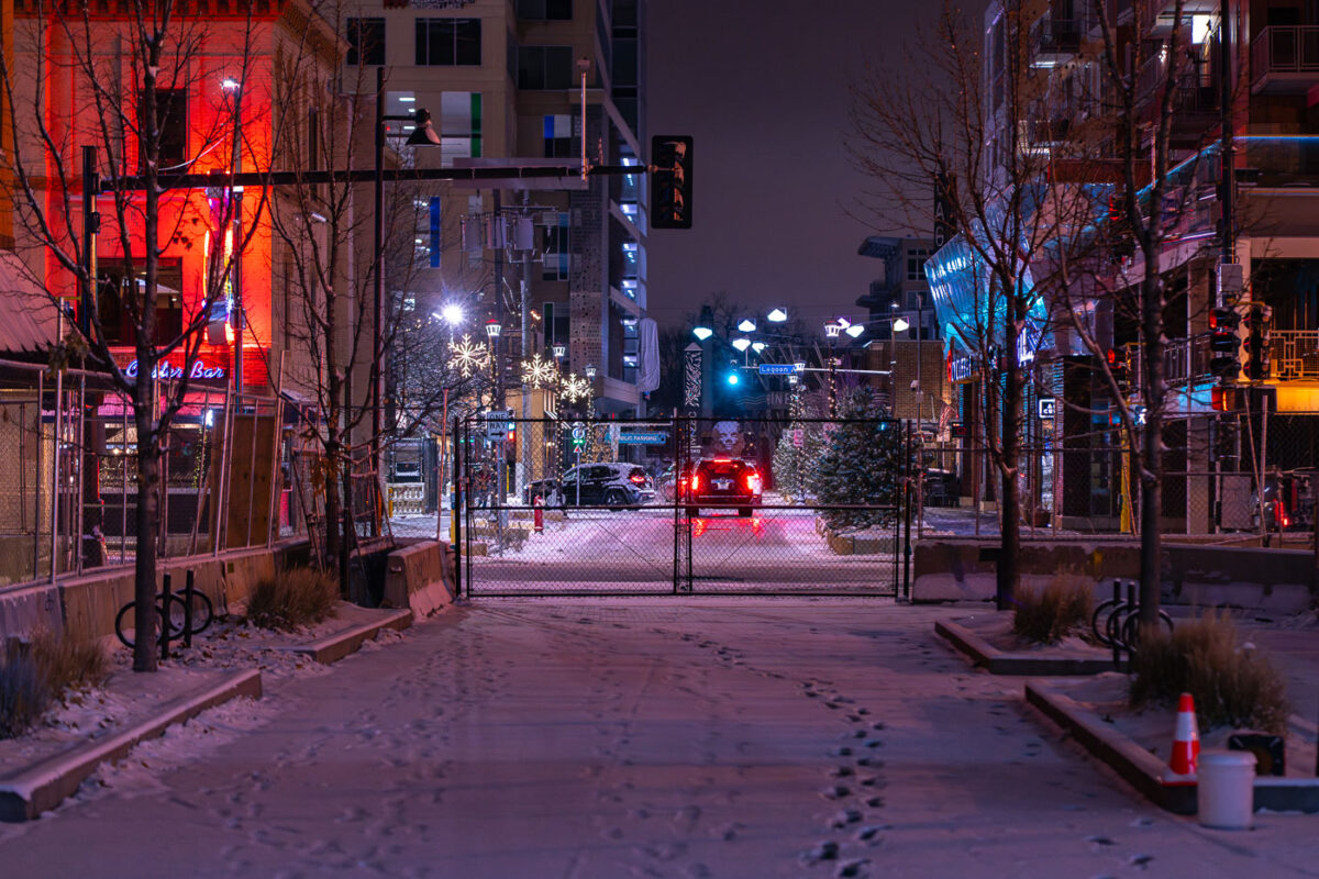 Fresh snow outside fenced in Seven Points Mall