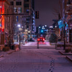 Fresh snow outside fenced in Seven Points Mall 2 Fresh snow covers the private drive next to the Seven Points parking ramp. The area fenced off after protests over the law enforcement killing of Winston Smith on June 3rd, 2021.