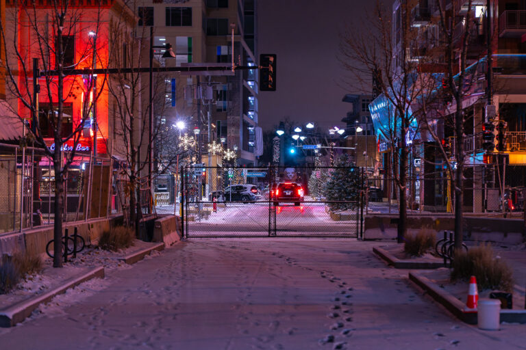 Fresh snow outside fenced in Seven Points Mall 2 Fresh snow covers the private drive next to the Seven Points parking ramp. The area fenced off after protests over the law enforcement killing of Winston Smith on June 3rd, 2021.