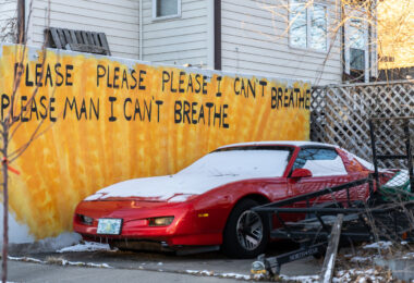 George Floyd's last words written on a fence in South Minneapolis.