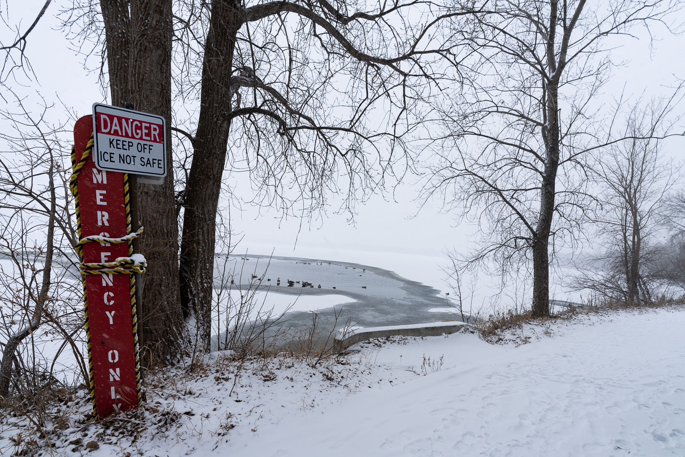 Ice danger sign at Bde Maka Ska in Minneapolis