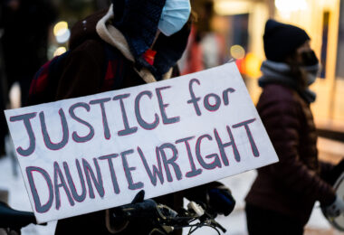 Protesters march through downtown Minneapolis as the first day of the Kim Potter manslaughter trial ends. Potter is on trial for the April 11, 2021 shooting death of 20-year old Daunte Wright in Brooklyn Center, Minn.