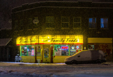 Longfellow Family Foods during a heavy snowstorm. Located at Minnehaha and E 35th street.