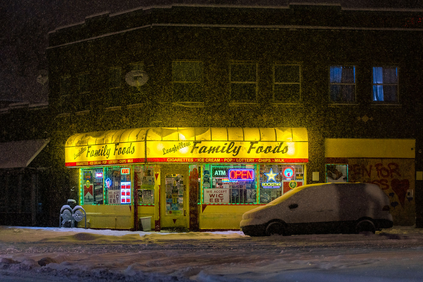 Longfellow Family Foods during snowstorm Minneapolis