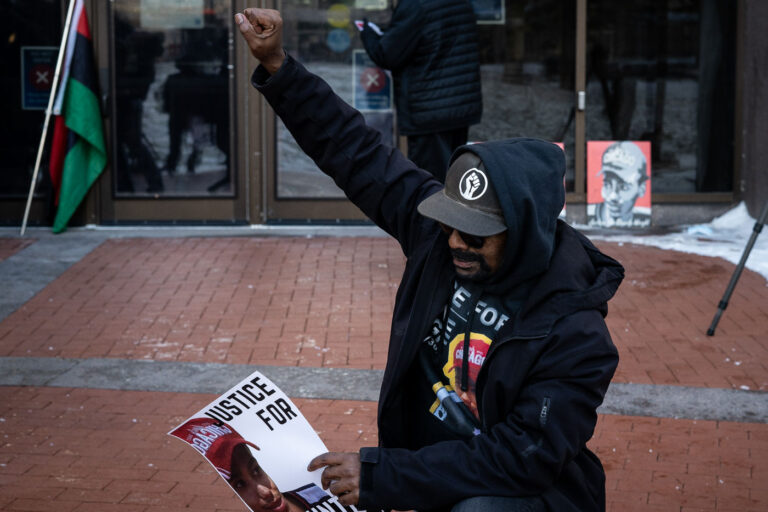 Protester outside Hennepin County Courthouse after Kim Potter verdict 3 Protesters gathered outside the Hennepin County Courthouse in Minneapolis following the verdict in the trial of former Brooklyn Center Police Officer Kim Potter. Potter was found guilty on all charges of manslaughter in connection with the April 11, 2021, shooting death of Daunte Wright. The courthouse, officially known as the Hennepin County Government Center, serves as the administrative center for Hennepin County and houses its court system. The verdict and subsequent protests highlighted ongoing tensions surrounding police conduct and racial justice in the United States.