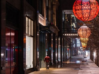 Snowfall on Nicollet Mall with Illuminated Art Spheres, Minneapolis