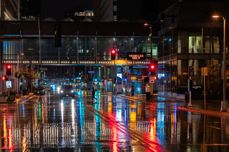 Rainy night on Marquette Ave in December 2021 4 Marquette Avenue in Downtown Minneapolis during a December rain.