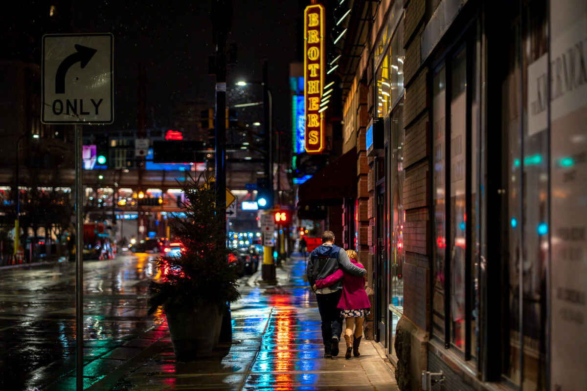 Romantic night outside Brothers Bar in Minneapolis