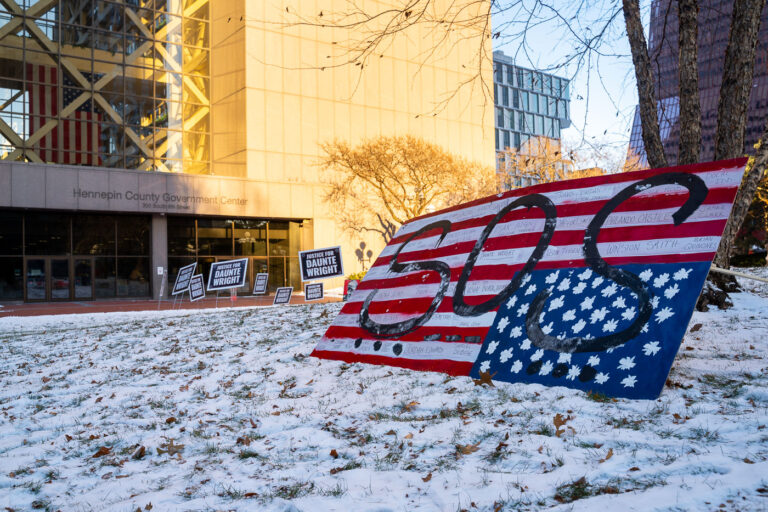 SOS Justice for Daunte Wright 2 Justice for Daunte Wright signs outside the Hennepin County Government Center where Kim Potter is being tried for her involvement in his killing.