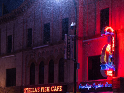Stella's Fish Cafe Neon Sign in Snow, Uptown Minneapolis