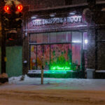The Dripping Root in a very snowy Minneapolis. Located on Minnehaha Avenue.