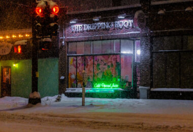 The Dripping Root in a very snowy Minneapolis. Located on Minnehaha Avenue.
