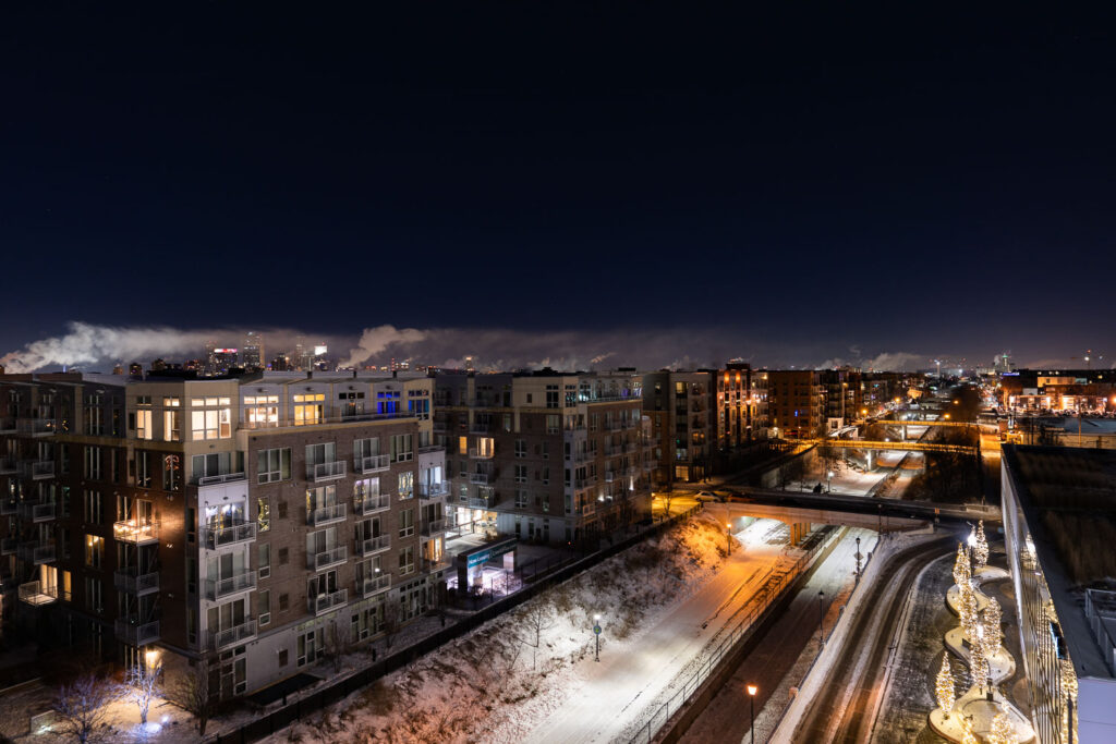 Steam from buildings on a night that reached double digit low temperatures.