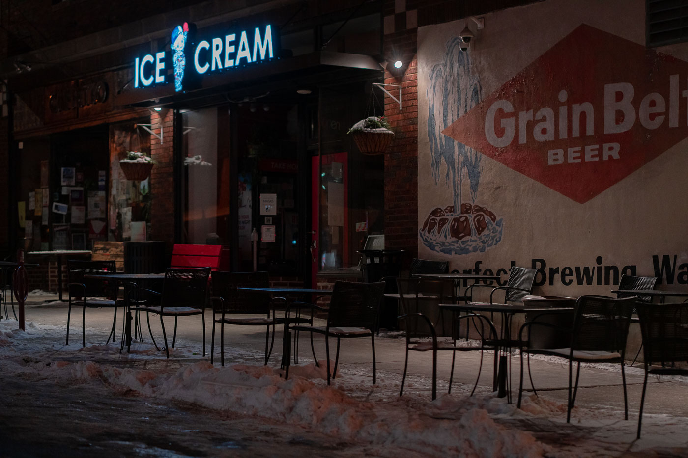 Outdoor dining setup outside an ice cream shop on Lyndale Avenue in South Minneapolis.
