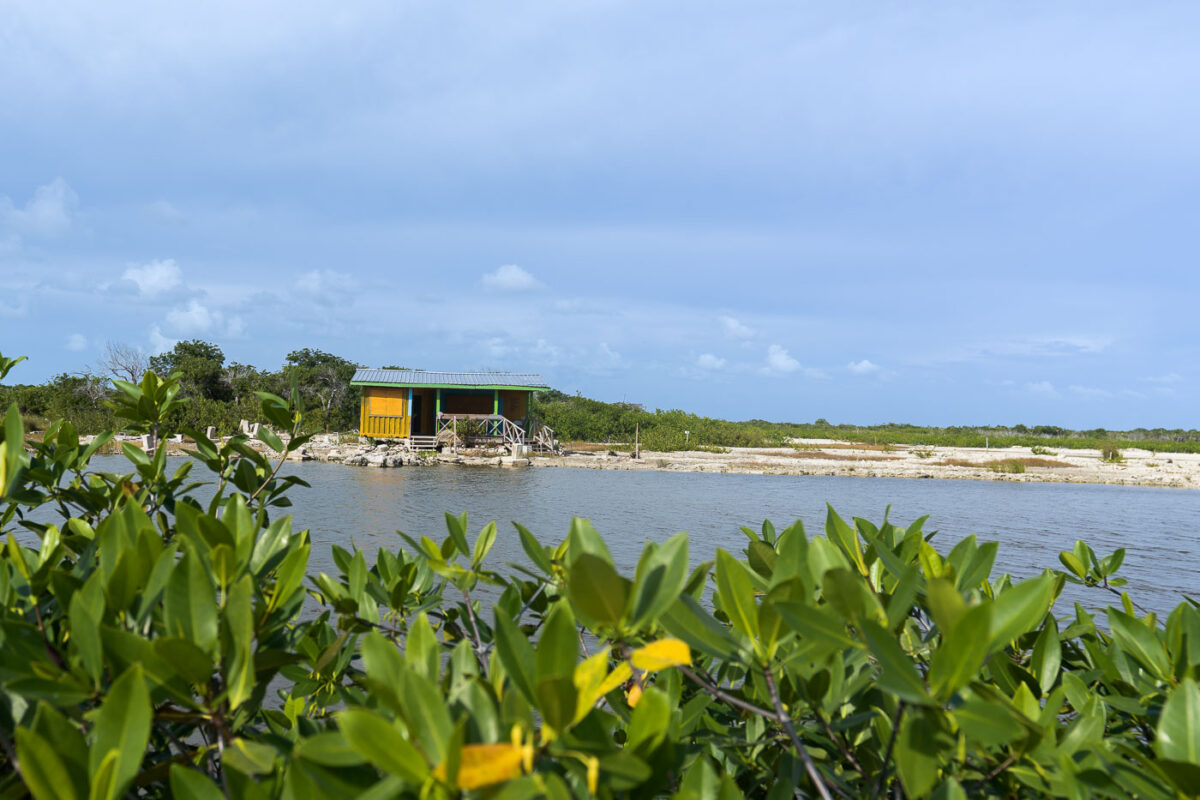 A brightly colored wooden house on a rocky outcrop near Secret Beach, Ambergris Caye, Belize. The structure is typical of coastal dwellings in the region.