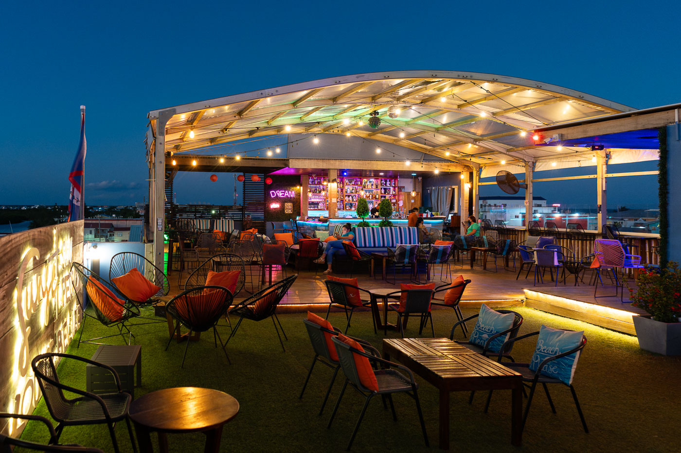 Bar in San Pedro Belize at night rooftop