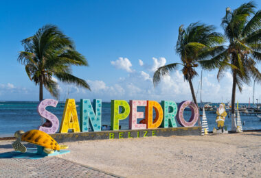 The San Pedro sign on Ambergris Caye, Belize during the holidays.