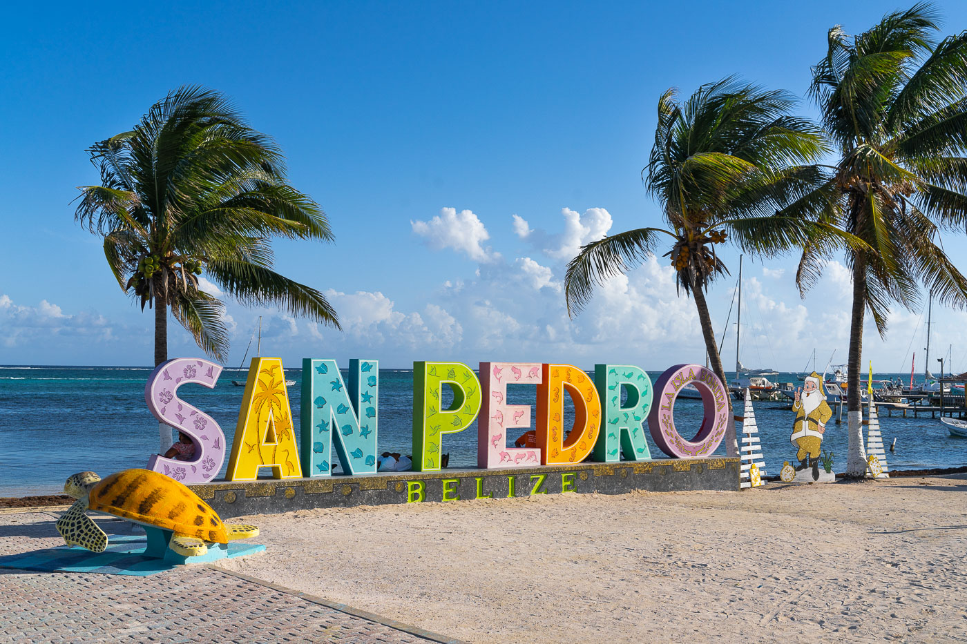 The San Pedro sign on Ambergris Caye, Belize during the holidays.