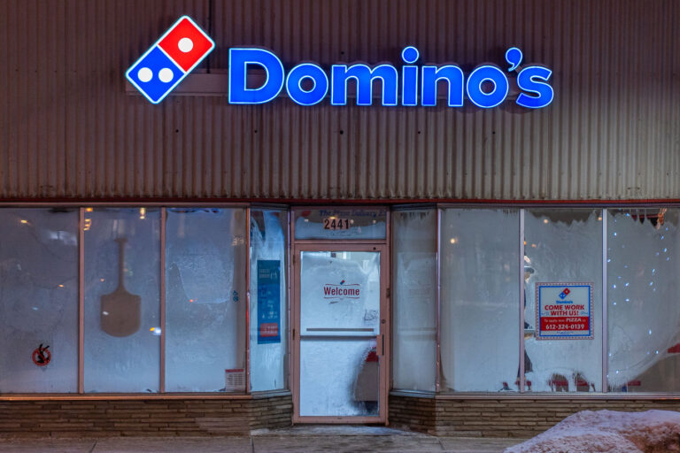 Domino's Pizza on frigid cold night 1 Domino's pizza on Hennepin Avenue in Minneapolis on an evening where temperatures would hit -16F.
