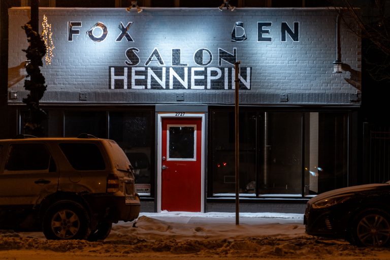 Fox Den Salon, Hennepin Ave, Minneapolis, MN 1 The former Fox Den Salon at 2727 Hennepin Ave, Minneapolis, MN, pictured on a winter evening.