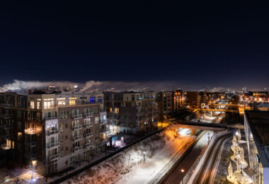 Steam from buildings on a night that reached double digit low temperatures.