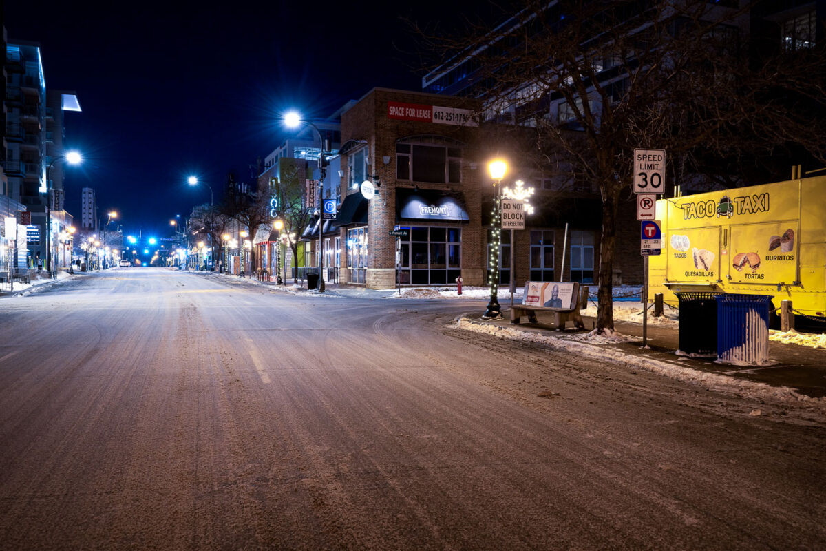 Snow covered Lagoon Avenue in Uptown Minneapolis
