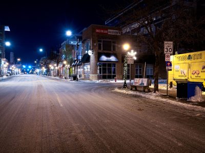 Snowy Lagoon Ave at Night, Uptown Minneapolis with Taco Taxi