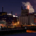 Gold Medal Flour sign lit up on top of the Washburn Crosby mill. Temperature: -13F.