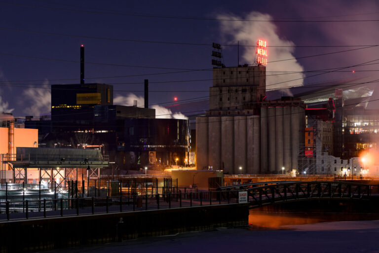 Gold Medal Flour and Steam 3 Gold Medal Flour sign lit up on top of the Washburn Crosby mill. Temperature: -13F.