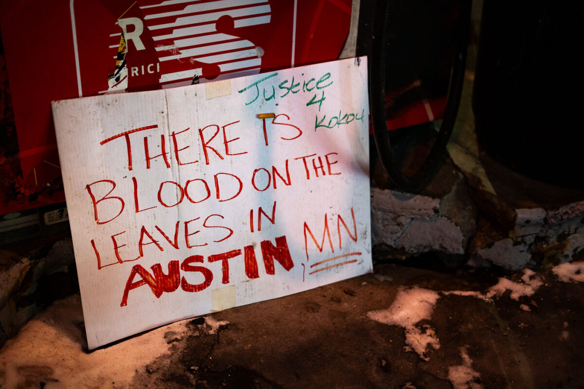 A sign at George Floyd Square mentioning Kokou Christopher Fiafonou. Fiafonou was shot and killed by law enforcement in Austin, Minnesota on December 23, 2021. Authorities said shortly after that Fiafonou was armed with a knife and was threatening others.
