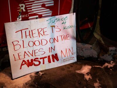 Sign at George Floyd Square: Justice for Kokou Fiafonou in Austin, MN