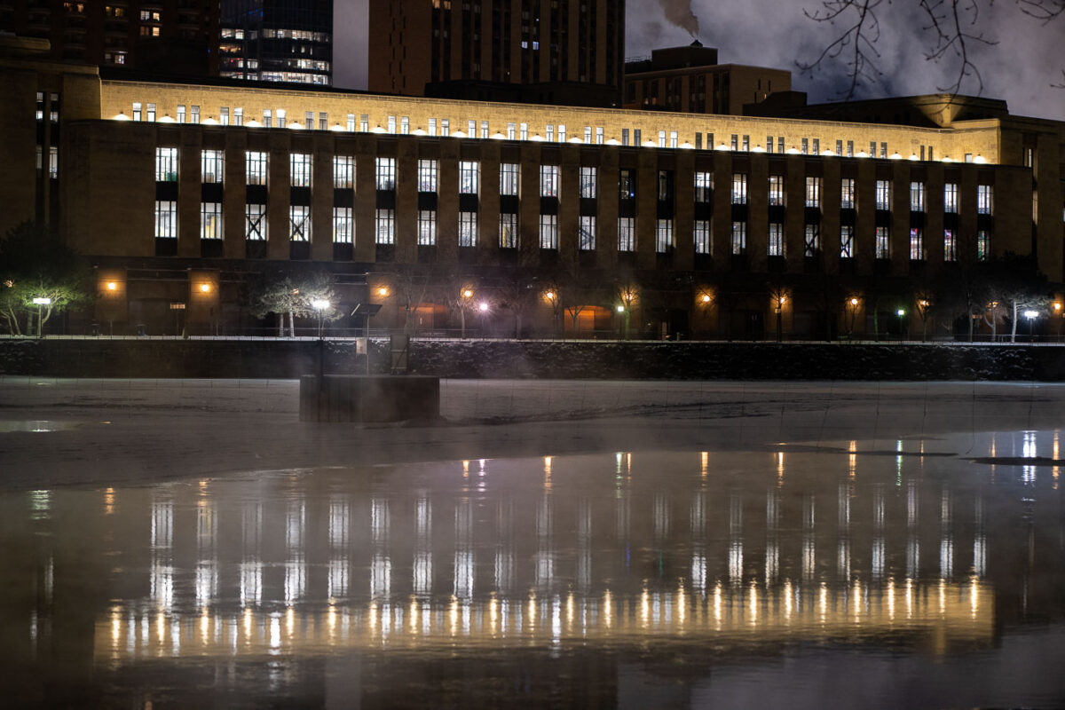 Minneapolis Main Post Office on Mississippi River at Night