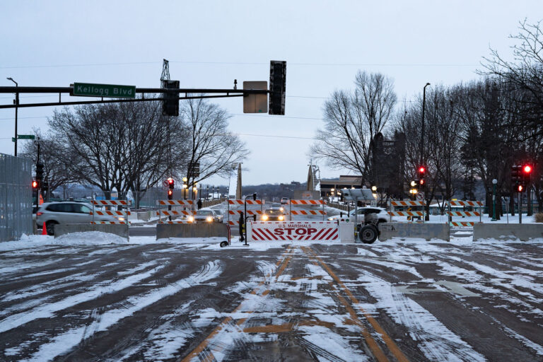 Street barricades outside federal courthouse 2 Outside the Warren E. Burger Federal Building on Day 3 of the federal trial where Thou Thao, J Alexander Kueng and Thomas Lane are accused of violating George Floyd's civil rights. St. Paul police block road in front of courthouse as a car caravan protest makes it's way through downtown.
