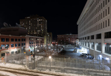 Security fencing around the Federal Courthouse in downtown St. Paul the night before jury selection begins in the federal trial of the Minneapolis Police Officers accused of violating George Floyd's civil rights.