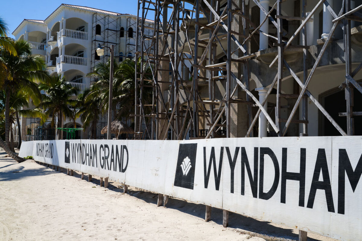 Construction of the Wyndham Grand Hotel on Ambergris Caye, Belize, photographed in January 2022. The development signifies growth in the island's tourism infrastructure.